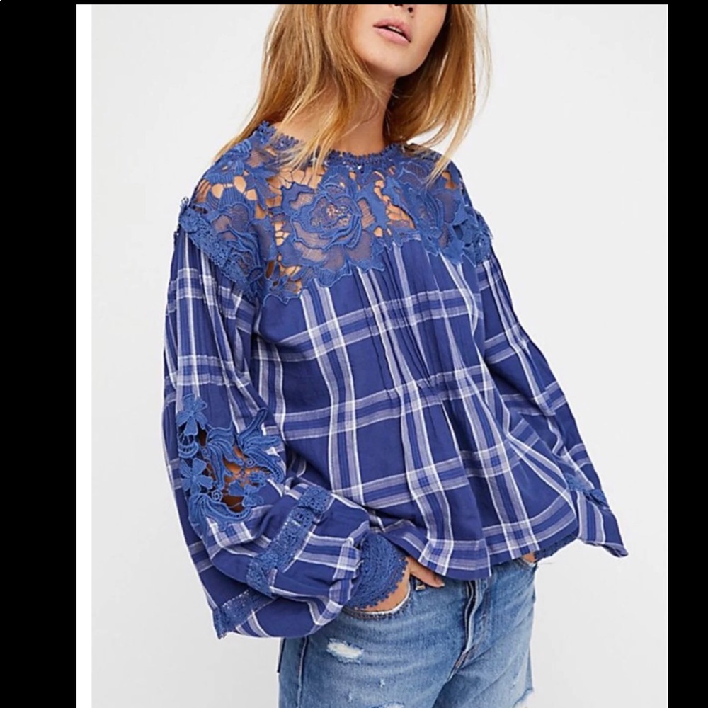 Free People Navy Plaid Top